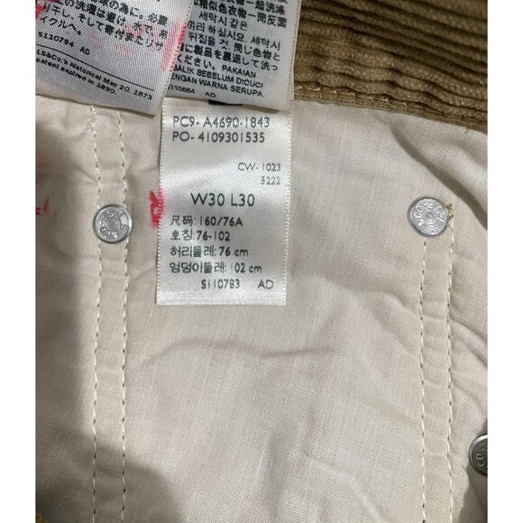 Levis Corduroy Pants Mens 30 Tan Camel Relaxed Straight Casual Sustainable 30x30 - Picture 8 of 15